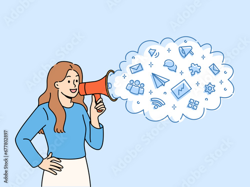 Woman with megaphone in hands announces business event or works as promoter advertising company services. Girl promoter with loudspeakers near cloud with icons symbolizing marketing