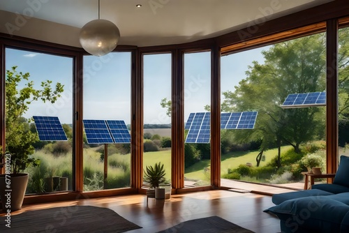 A serene view from the windows of a solar-powered home, capturing the essence of renewable energy living and a connection to the environment