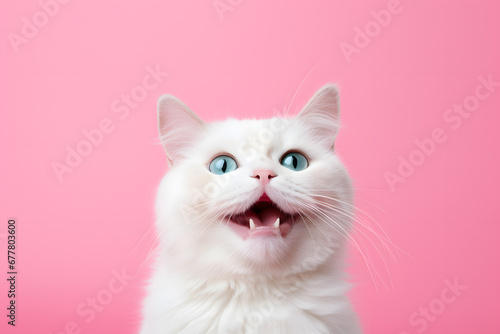White cat meowing with open mouth in front of pink studio background