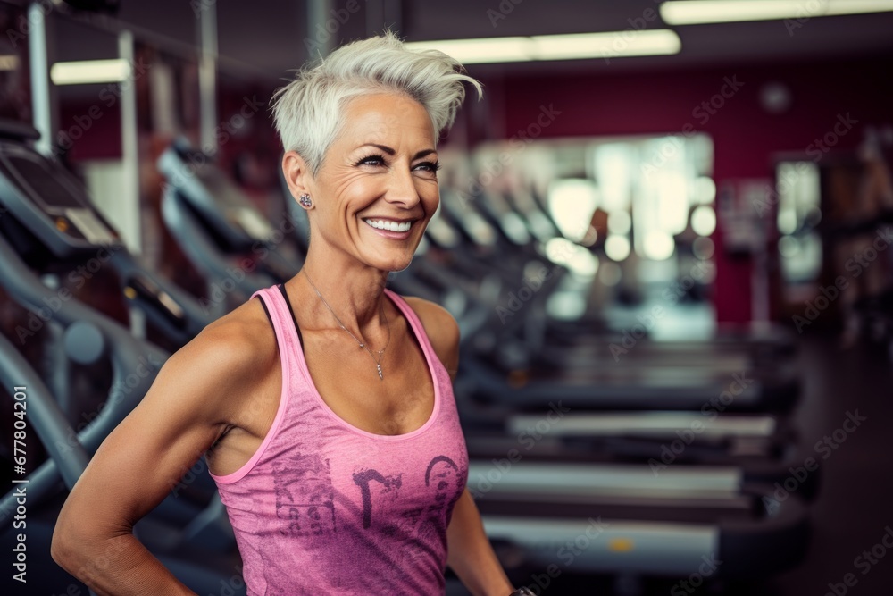 Senior fitness enthusiast with gray hair and bright pink shirt standing at treadmills