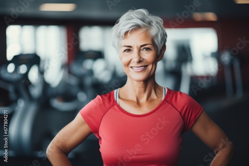 a slim fit senior woman is enjoying some aerobic fitness exercises in a gym  sport and health concep