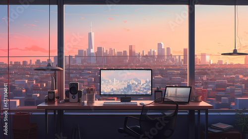 A desk with a computer on it in a room with large windows and a view of the city outside