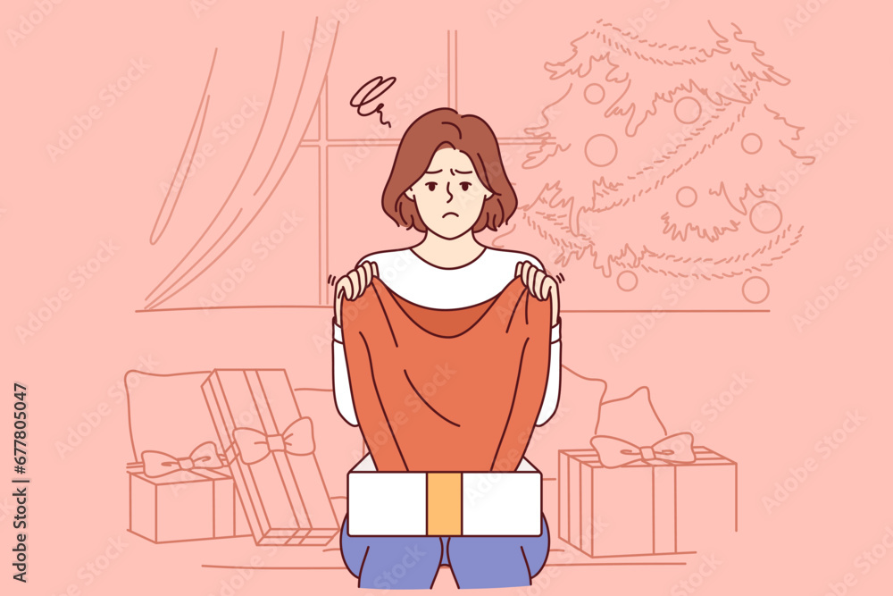 Sad woman upset by christmas gift, sitting on sofa among giftboxes near new year tree. Girl experienced stress after receiving unwanted gift or poor-quality item during christmas holidays Sad woman upset by christmas gift, sitting on sofa among giftboxes near new year tree. Girl experienced stress after receiving unwanted gift or poor-quality item during christmas holidays