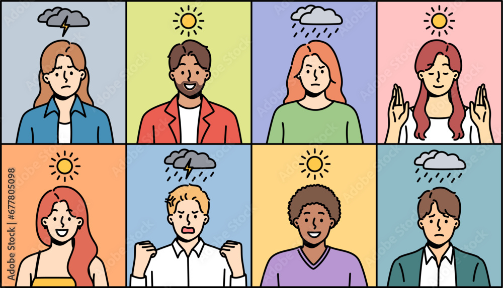 People experiencing mood swings due to weather conditions and cloudiness or magnetic storms in sun. Portraits men and women suffering during rain or lightning, for concept influence of climate on mood People experiencing mood swings due to weather conditions and cloudiness or magnetic storms in sun. Portraits men and women suffering during rain or lightning, for concept influence of climate on mood