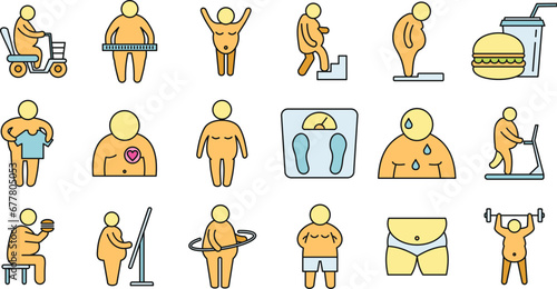 Overweight people icons set. Outline set of overweight people vector icons thin line color flat on white