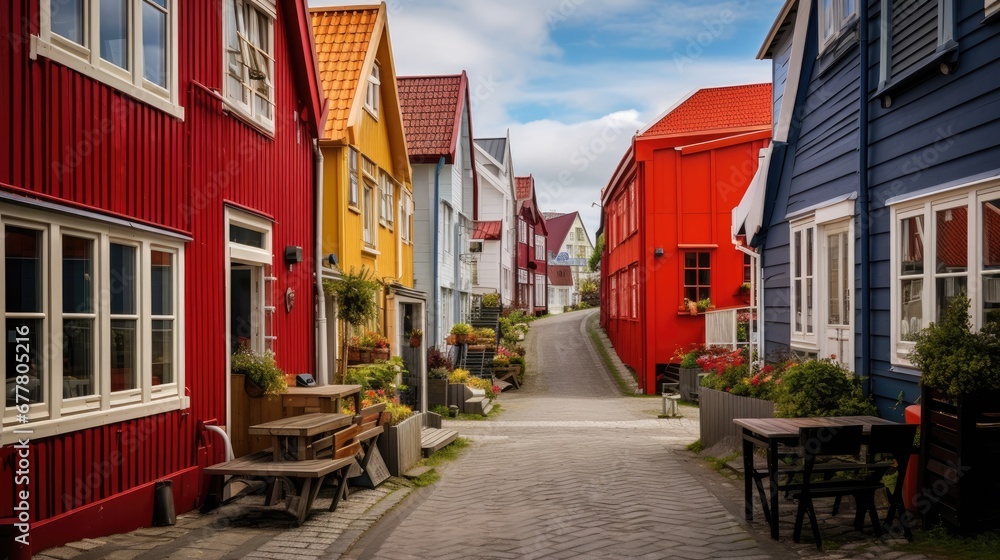 a narrow cobblestone street lined with red and blue houses with white windows and shutters on either side of the street. a narrow cobblestone street lined with red and blue houses with white windows and shutters on either side of the street.