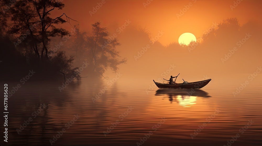  a person in a boat on a body of water with the sun in the background and trees in the foreground.