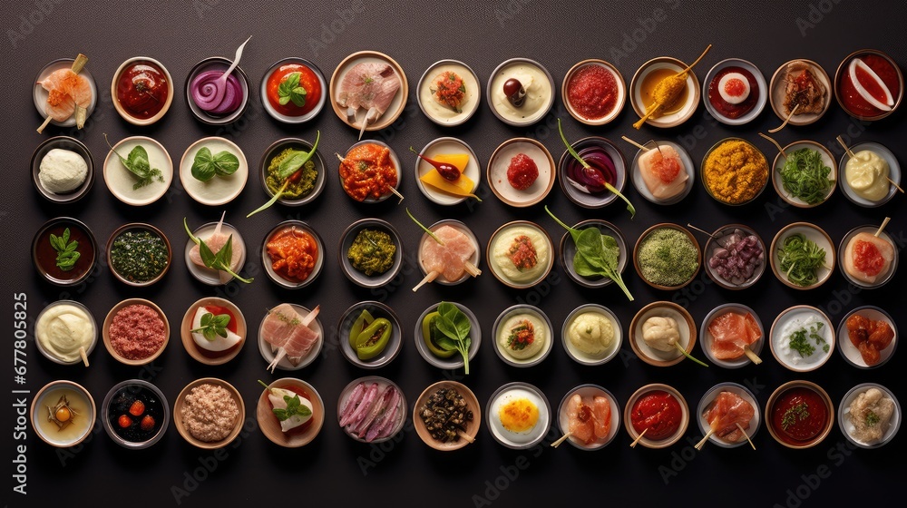 a table topped with bowls filled with different types of food next to a wall of bowls filled with different types of food. a table topped with bowls filled with different types of food next to a wall of bowls filled with different types of food.