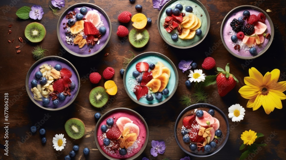 a table topped with bowls of fruit and a bowl of yogurt on top of a table next to flowers. a table topped with bowls of fruit and a bowl of yogurt on top of a table next to flowers.