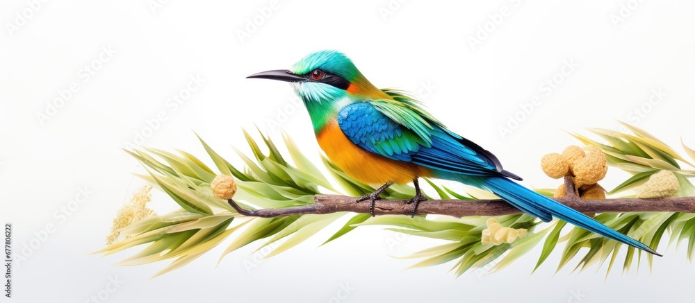 Fototapeta premium The beautiful bird with colorful feathers stands out against the white background its vibrant blue and green colors reflecting the beauty of nature and the surrounding park