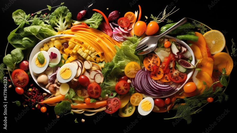 Naklejka premium a bowl filled with lots of different types of fruits and vegetables next to an egg on top of lettuce.