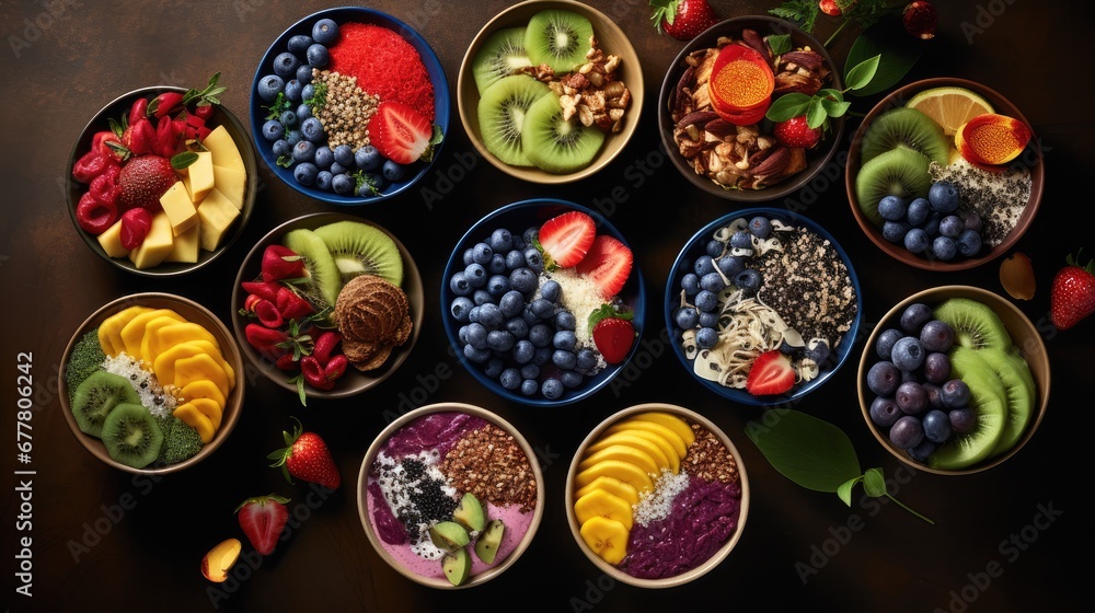 a table topped with bowls filled with different types of fruits and veggies on top of a wooden table. a table topped with bowls filled with different types of fruits and veggies on top of a wooden table.