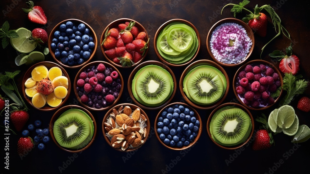 a table topped with bowls of fruit and a bowl filled with kiwis, strawberries, raspberries, kiwis, and kiwis. a table topped with bowls of fruit and a bowl filled with kiwis, strawberries, raspberries, kiwis, and kiwis.