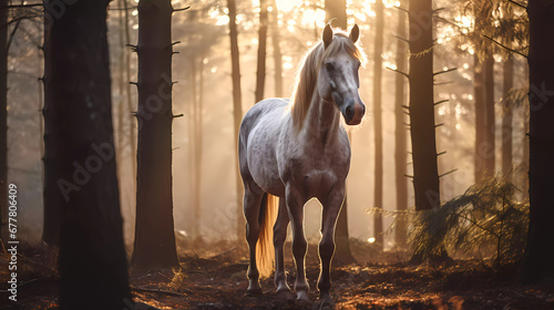 A horse standing in a forest with the sun shining through the trees behind it and the horse is looking at the camera