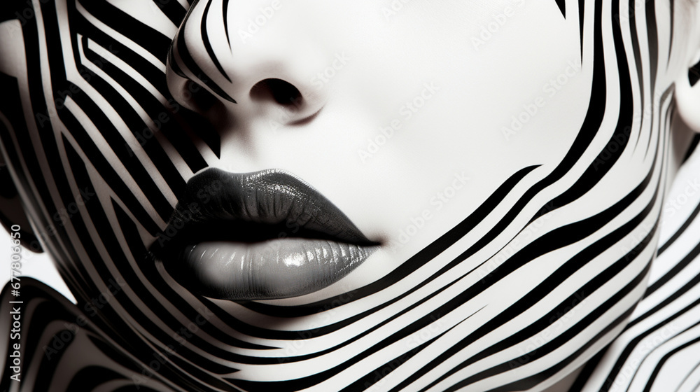 Illustration d'un visage de femme avec des motifs en noir et blanc