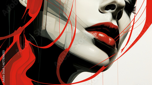Illustration d'un visage de femme avec des motifs en noir et rouge. Féminin, élégant, lignes. Arrière-plan et fond pour conception et création graphique. photo
