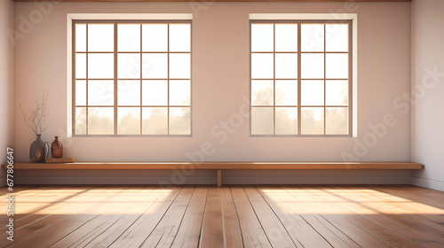A large empty room with a lot of windows and a wooden floor with a bench in it and a large window