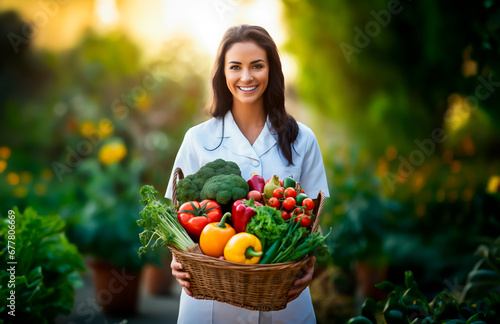 Nutrition expert with basket of colorful vegetables, promoting health. 