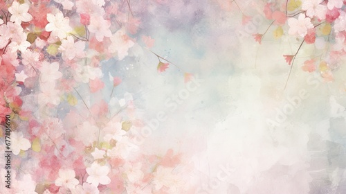  a painting of pink and white flowers on a blue and pink background with a place for the text on the left side of the image.