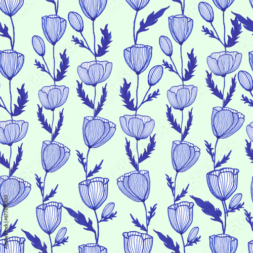 Tulips flower, hand drawn blue ink spring floral background seamless pattern for textile, blue flower background