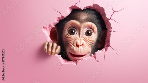  a monkey sticking its head out of a hole in a pink wall with a hole in it's side that has a hole in the wall with a monkey's face. photo