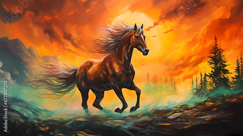A painting of a horse running through a forest with a fire in the background and a bright sky above