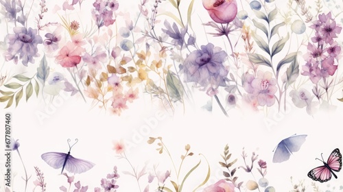 a watercolor painting of flowers and butterflies on a white background with a place for a text or a picture.