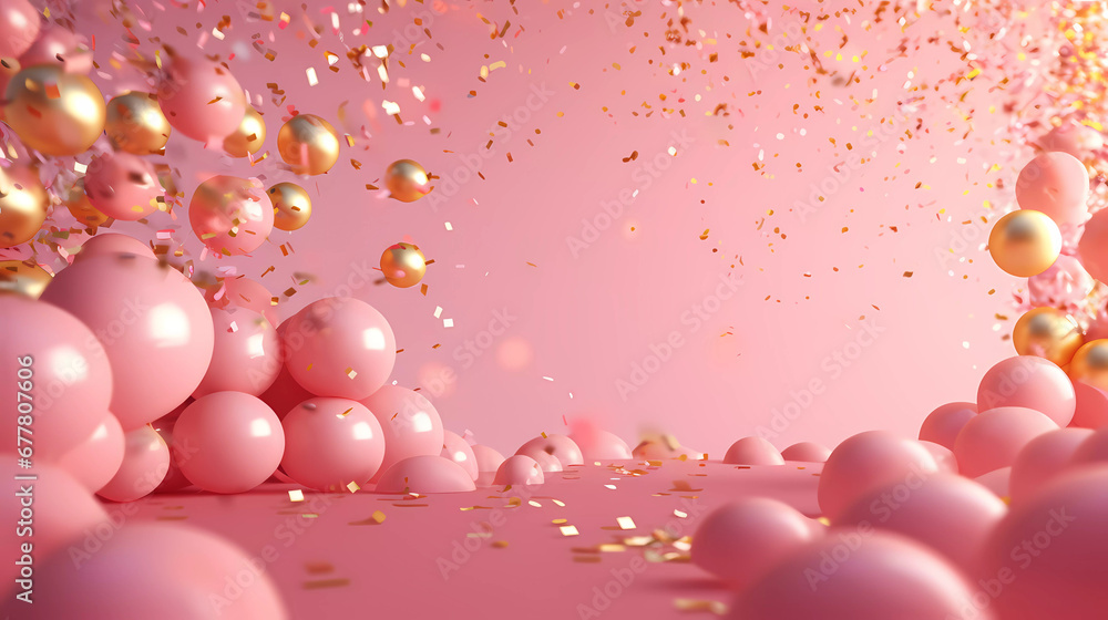 A pink and gold background with bubbles and confetti on it