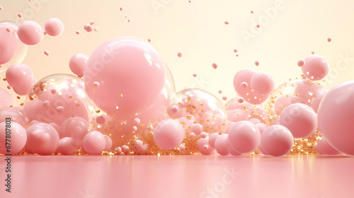 A pink background with gold and white bubbles and confetti on it