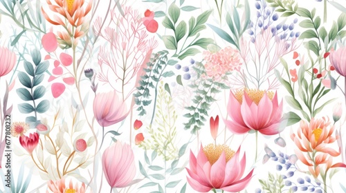  a floral wallpaper with pink flowers, green leaves, and blue berries on a white background in a watercolor style.