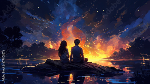two people man and woman sitting on rock looking at campfire flame burning to the sky  romantic camping night time  tranquil peaceful  togetherness couple lover  painting illustration  Ai Generated