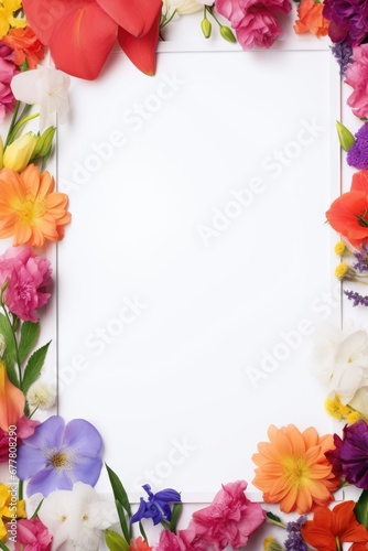 Stunning, colorful flower border with ample white space, a perfect template for cards, wedding invites, and diverse graphic designs.