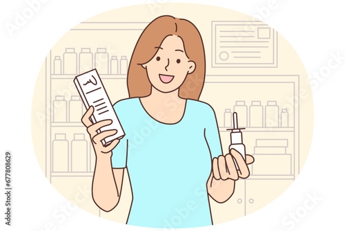 Smiling woman with meds in drugstore