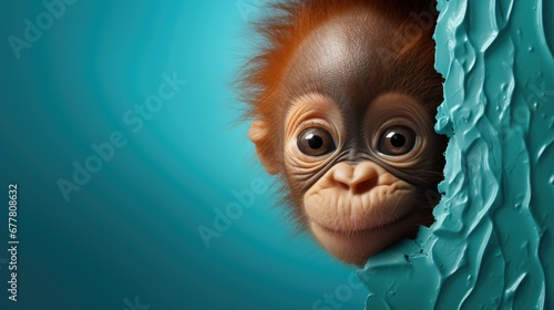  a close up of a monkey peeking out of a hole in a wall with blue paint on it's wall and looking at the camera with a funny face. photo