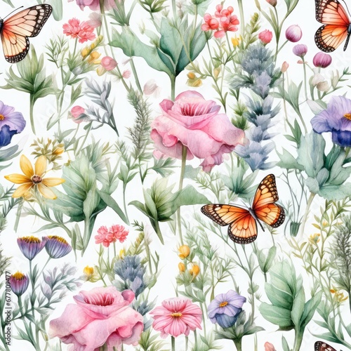  a watercolor painting of a bunch of flowers with a butterfly on the top of the flowers and the bottom of the flowers. © Anna