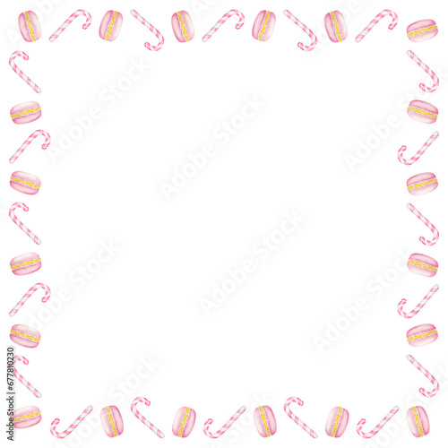 Pink New Year's candy canes, macarons. Watercolor hand drawn square frame with Christmas sweets. Winter symbols for holiday season prints for packing for pastry shop, bakery, invitations, cards
