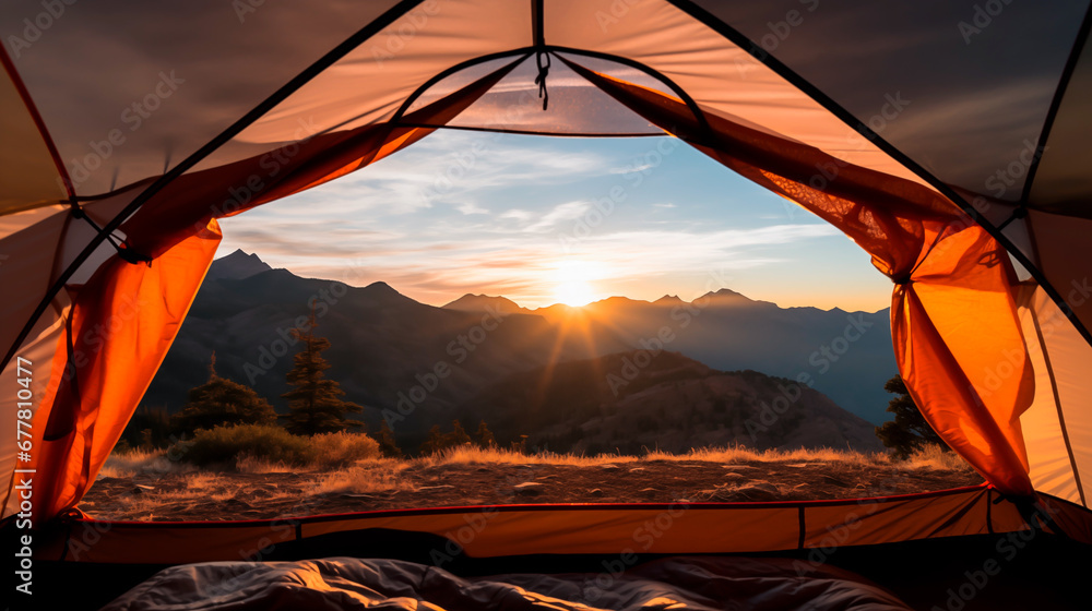 Sunrise view from inside a tent overlooking mountains. - obrazy, fototapety, plakaty 