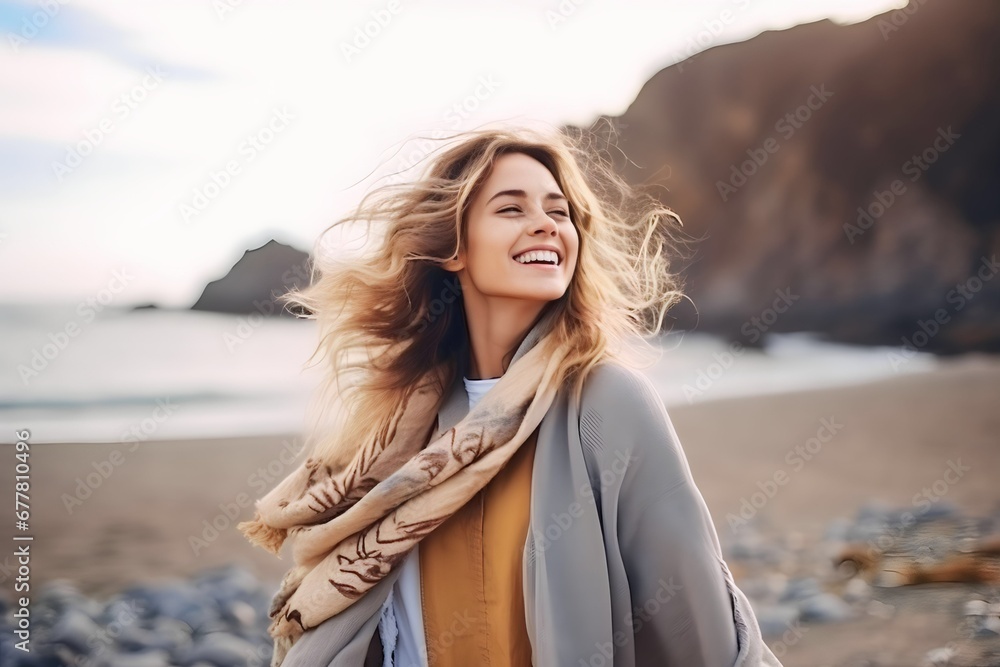 american woman stretching her arms enjoying vacation on the beach