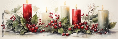 Christmas burning candles surrounded by holly leaves and various holiday trinkets, watercolor illustration, banner photo