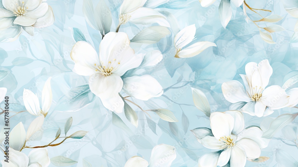 a white flower on a blue background with leaves and flowers on the bottom of the image and the bottom of the image with leaves and flowers on the bottom of the image. a white flower on a blue background with leaves and flowers on the bottom of the image and the bottom of the image with leaves and flowers on the bottom of the image.