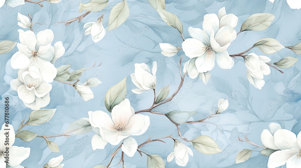  a blue and white floral wallpaper with leaves and flowers on a light blue background with leaves and flowers on a light blue background.