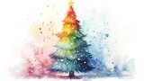  a watercolor painting of a christmas tree with a star on top and snow falling down on the bottom of the tree.