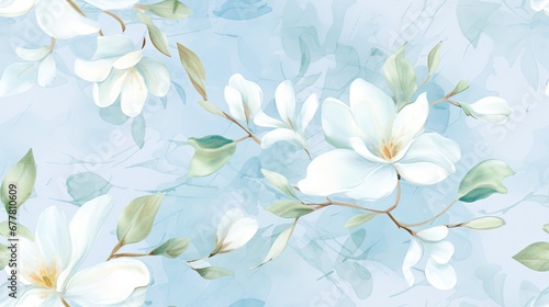  a painting of white flowers with green leaves on a blue background with a pattern of leaves and flowers on a light blue background.