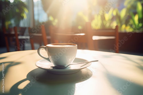 Morning fragrant cup of coffee on the table in cafe in the sunlight
