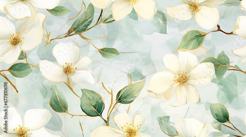  a painting of white flowers and green leaves on a light blue background with a light blue sky in the background.
