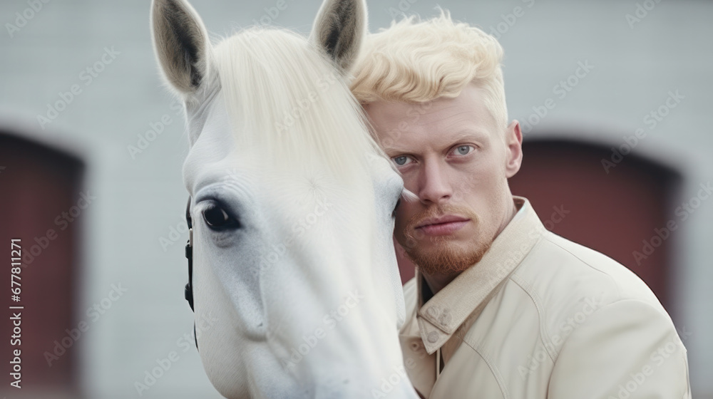 albino man with horse albino close up portrait - obrazy, fototapety, plakaty 