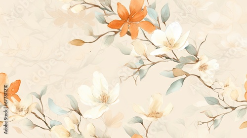  a floral wallpaper with orange and white flowers on a light pink background with leaves and flowers on a light pink background.