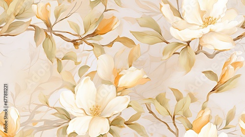  a white and yellow floral pattern on a white wallpaper with leaves and flowers on a light beige back ground.
