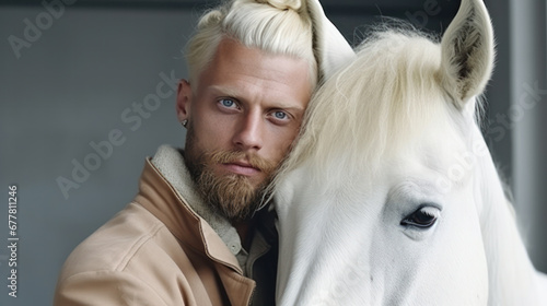 Bearded albino man with horse albino close up portrait photo