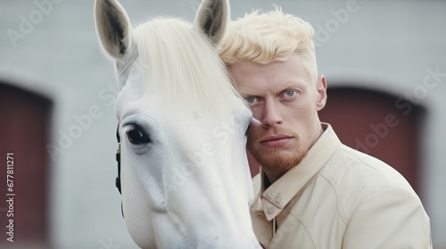albino man with horse albino close up portrait